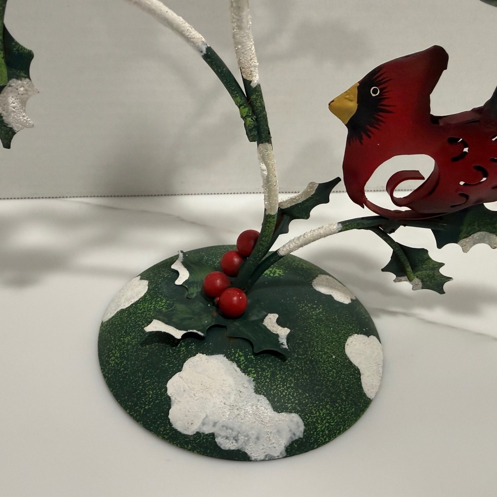 VTG Metal Cardinal Taper 3-Candle Holder Rustic Christmas Holly Bird Centerpiece - Picture 6 of 14